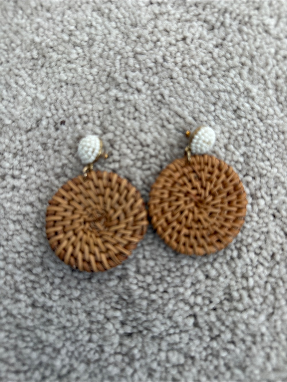 J. Crew Woven Rattan Circle Drop Earrings with White Beaded Posts